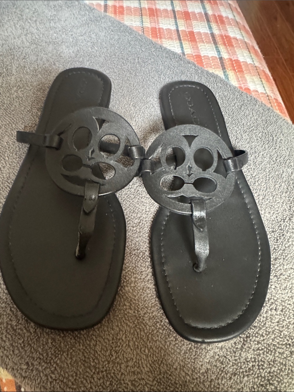 Coach Black Leather Miller Thong Sandals